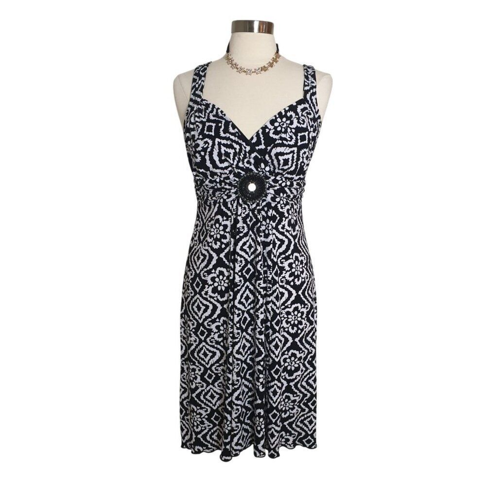 Womens Sleeveless Midi Dress 12 Black & White Geometric Beaded Accent Stretch